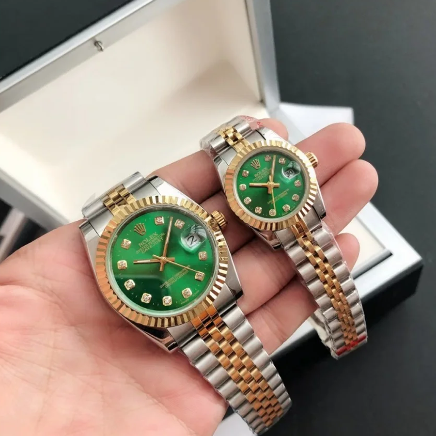 Couple Watches Rolex Datejust 36/28mm RG/SS Jub Green/Dial
